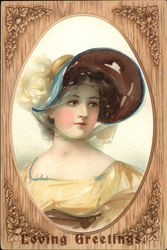 Loving Greetings with Woman in Bonnet Postcard