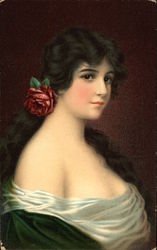 Portrait of Young Woman with Red Rose in Hair Postcard