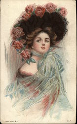 Beautiful Woman in Black Hat with Roses Postcard