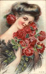 Woman with Brown Hair Holding Bouquet of Red Roses Postcard