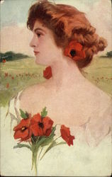 Beautiful Woman in Field with Red Flowers Postcard
