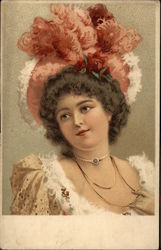 Woman in Bonnet with Plumes & Roses Postcard
