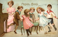 Children Play a Game of Musical Chairs, With Lady at Piano Postcard