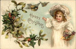 Happy Christmas with Holly, Birds, and Child Postcard