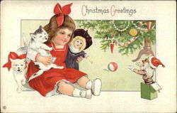 Christmas Greetings with Kittens, Toys, and Child Children Postcard Postcard
