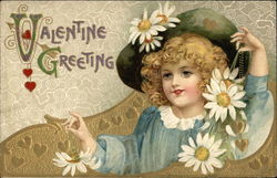 Valentine Greeting with Young Girl & Daisies Postcard