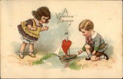 A Valentine Message with Children & Sailboat Postcard