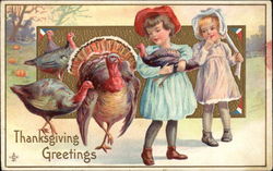 Thanksgiving Greetings with Turkeys and Children Postcard Postcard