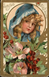 Season's Greetings with Holly & Young Girl Postcard