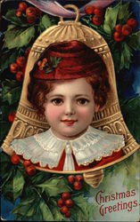 Christmas Greetings Bell Face Postcard