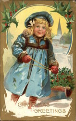 Christmas Greetings with Child & Sled Children Postcard Postcard