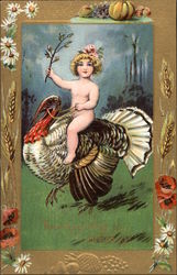 Thanksgiving Greetings with Turkey and Child Turkeys Postcard Postcard