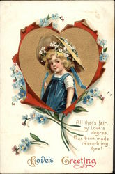 Love's Greeting with Heart, Flowers, & Child Postcard