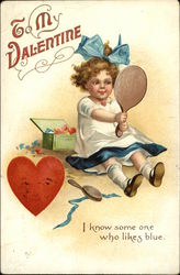 Little Girl With Bow in Hair Looks Into a Mirror Postcard