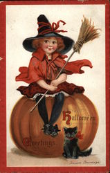 Halloween Greetings with Witch, Pumpkin, and Cat Postcard Postcard
