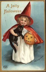 Girl Holding a Black Cat and Pumpkin Postcard