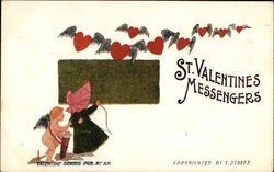 St. Valentine's Messengers - Cupid, Young Girl and Flying Hearts Postcard