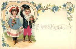 A Happy Birthday with Heart, Flowers, & Children Postcard Postcard