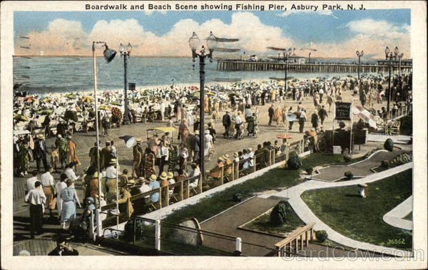 Boardwalk and Beach, showing Fishing Pier Asbury Park New Jersey