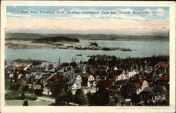 View from Volunteer Park, showing Laurelhurst Park and Cascade Mountains Portland Oregon