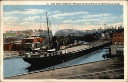 Ore Boat Passing Through Swing Bridge Ashtabula, OH Postcard Postcard