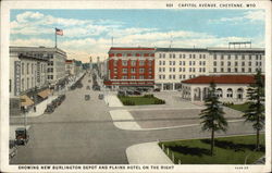 Capitol Avenue, Showing New Burlington Depot and Plains Hotel on the Right Postcard