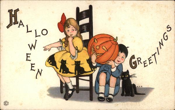 Halloween Greetings with Jack O'Lantern, Children & Cats