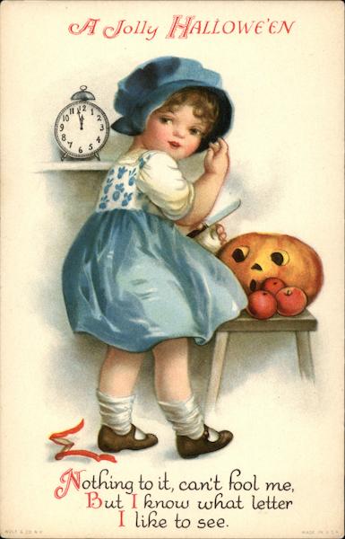 A Jolly Halloween with Girl & Jack O'Lantern Ellen Clapsaddle