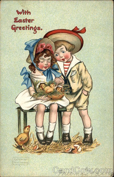 With Easter Greetings - Boy & Girl with Chicks With Children