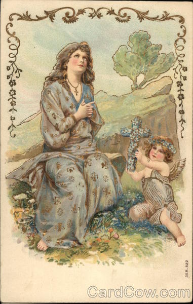 Praying Woman with Angel & Floral Cross Religious