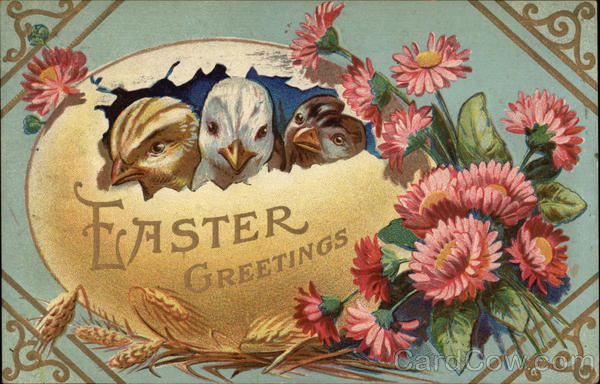 Easter Greetings with Chicks & Flowers