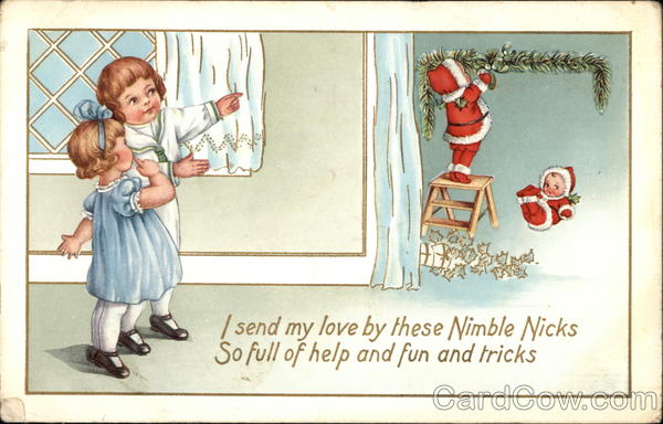 Children Watching Nible Nicks Decorate Santa Claus