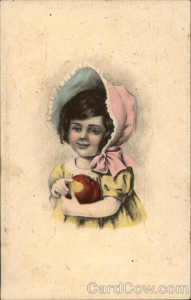 Young Girl Wearing Pink Bonnet & Holding Apple Girls