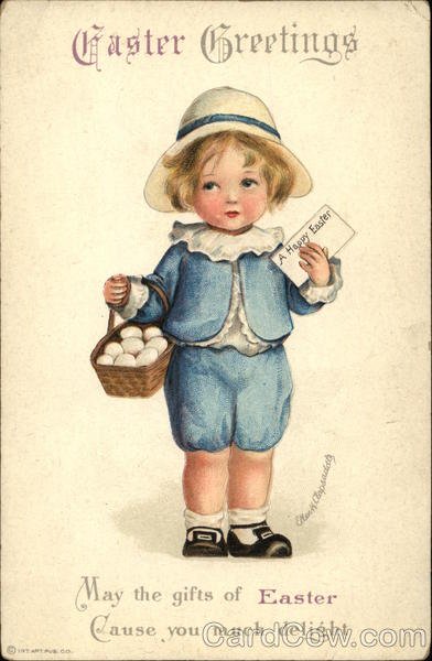 Easter Greetings with Child holding Egg Basket Ellen Clapsaddle