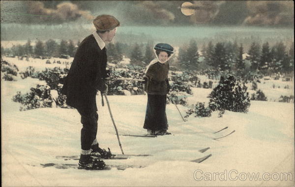 Couple Snow Skiing in the Moonlight Couples