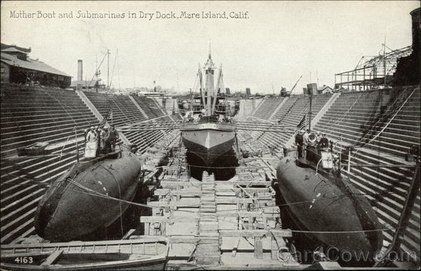Mother Boat and Submarines in Dry Dock, Mare Island, Calif