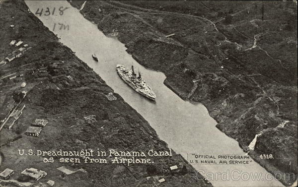 US Dreadnaught in Panama Canal from Airplane Navy