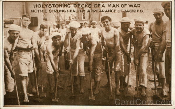Holystoning Decks of a Man of War Notice Strong Healthy Appearance of Jackies