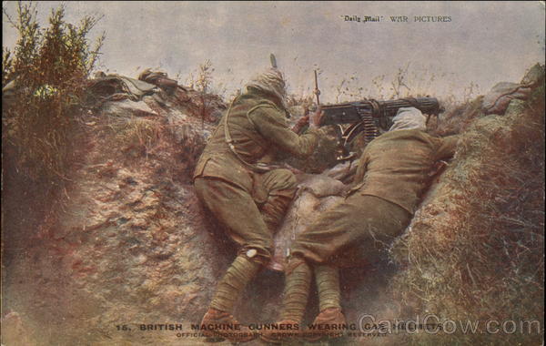 British Machine Gunners Wearing Gas Helmets Military
