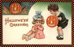 Rare Halloween Greetings with Children & Jack O'Lanterns Postcard