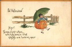 On Halloween Night with Child & Jack O'Lantern Postcard