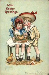 With Easter Greetings - Boy & Girl with Chicks With Children Postcard Postcard
