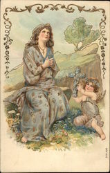 Praying Woman with Angel & Floral Cross Postcard