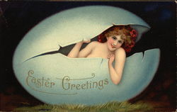 Easter Greetings with Woman Hatching from Egg Postcard