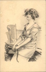 Sketch of Young Woman Steering Boat Postcard