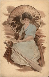 Woman holding Book in Row Boat Postcard