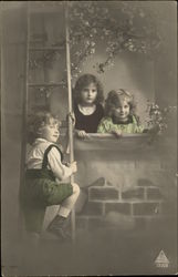 Boy Climbing Ladder to Two Girls in Window Children Postcard Postcard