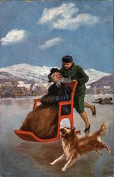 Couple Skating on Ice with Dog Postcard