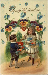 To My Valentine with Children & Flowers Postcard