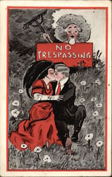 Kissing Couple under "No Trespassing" Sign Postcard
